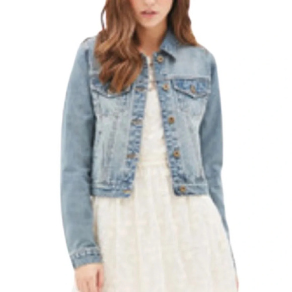 FOREVER 21 Blue Light Wash Denim Jean Jacket Cotton Trucker Cropped Western S - Picture 1 of 11